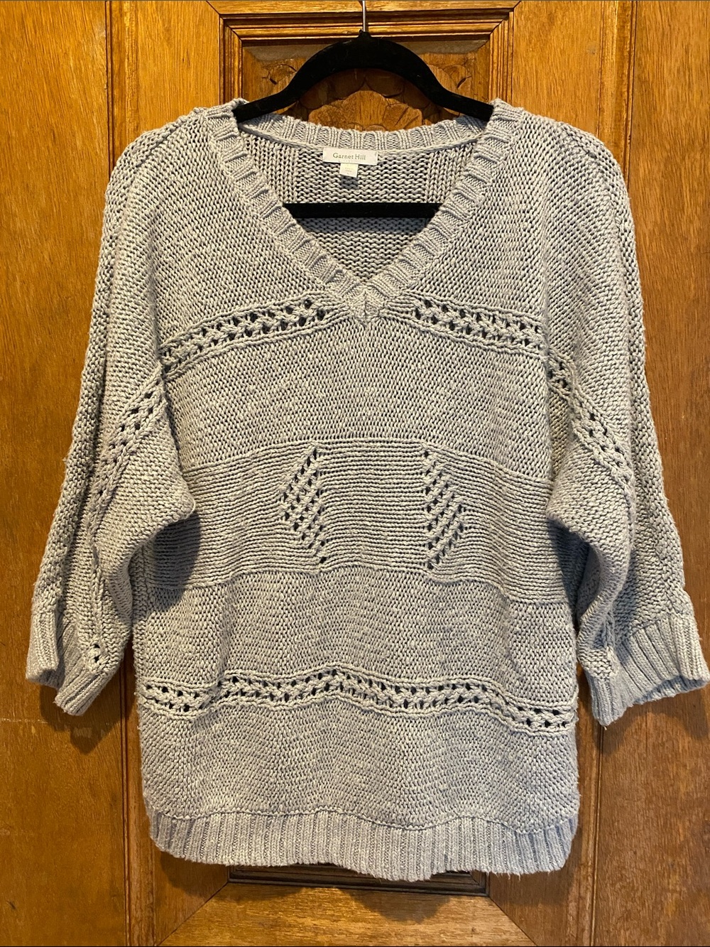 Garnet Hill dolman sweater cotton linen gray LARGE open knit crop sleeve v-neck